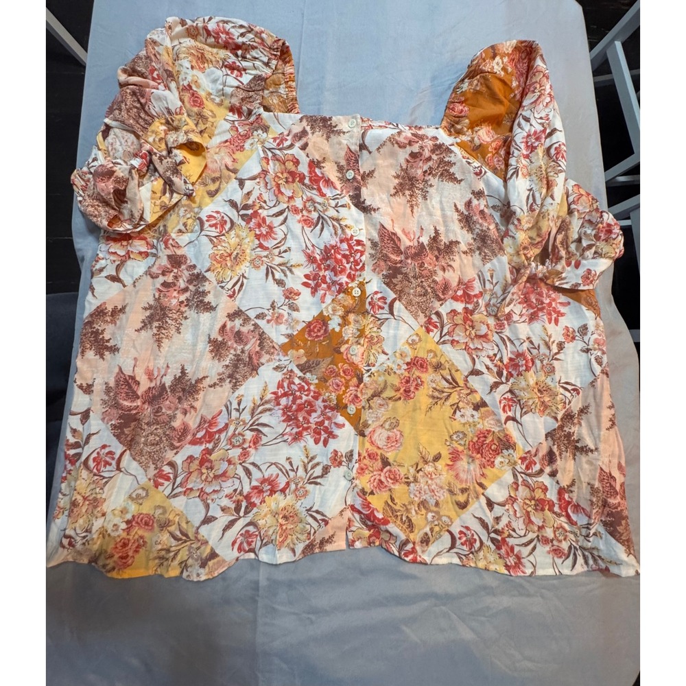 LC Lauren Conrad Womens Plus 3X Floral Patchwork Button Front Puff Sleeve Top